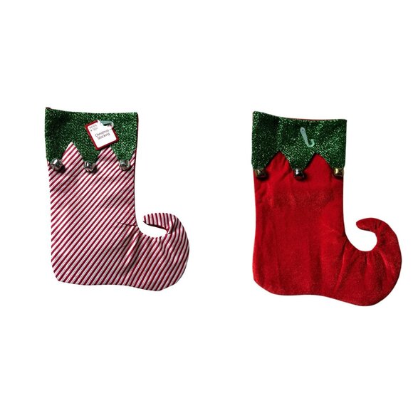 Holiday Helper Elf Style Jingle Bells 17.5" Christmas Stockings x 2 - Picture 1 of 12